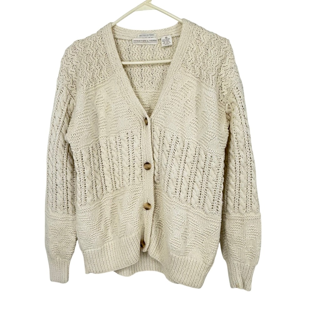 Preston & York Cardigan Womens Medium Ivory Hand Knit Cotton Cable